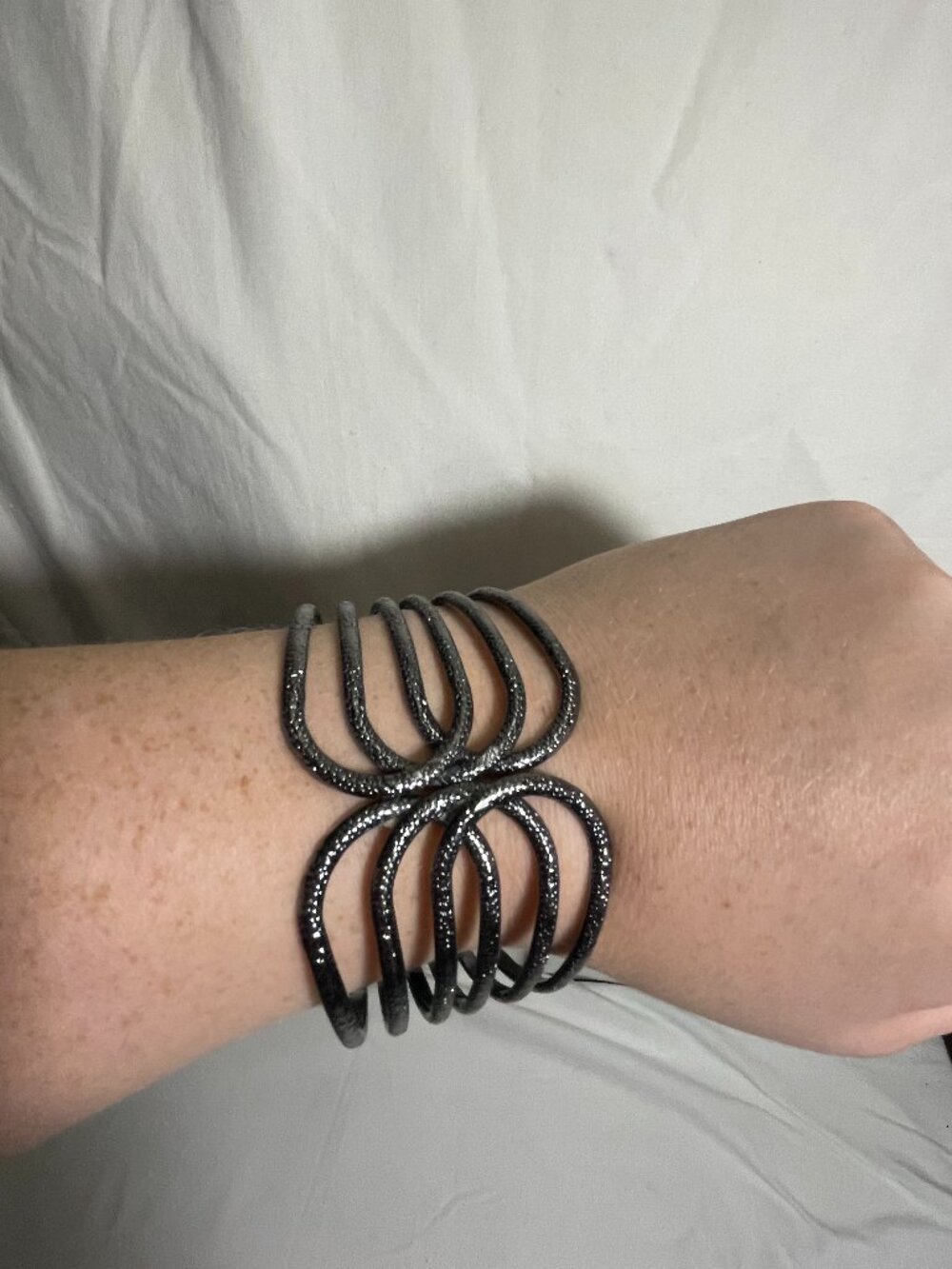 Gunmetal Hinged Cuff Bracelet Wide Textured Openwork Statement Bangle